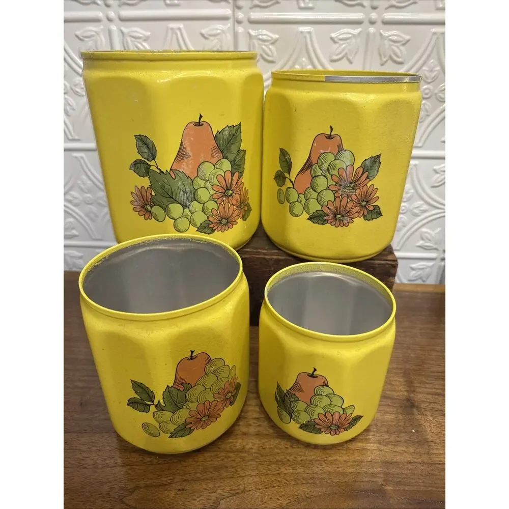 Vintage Kromex Faceted Aluminum 4 Canister Set Yellow Fruit Floral Plastic Lids
